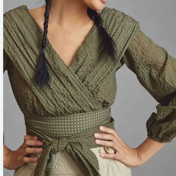 Maeve Tops - Anthropologie Maeve Olive Sheer Wrap Blouse